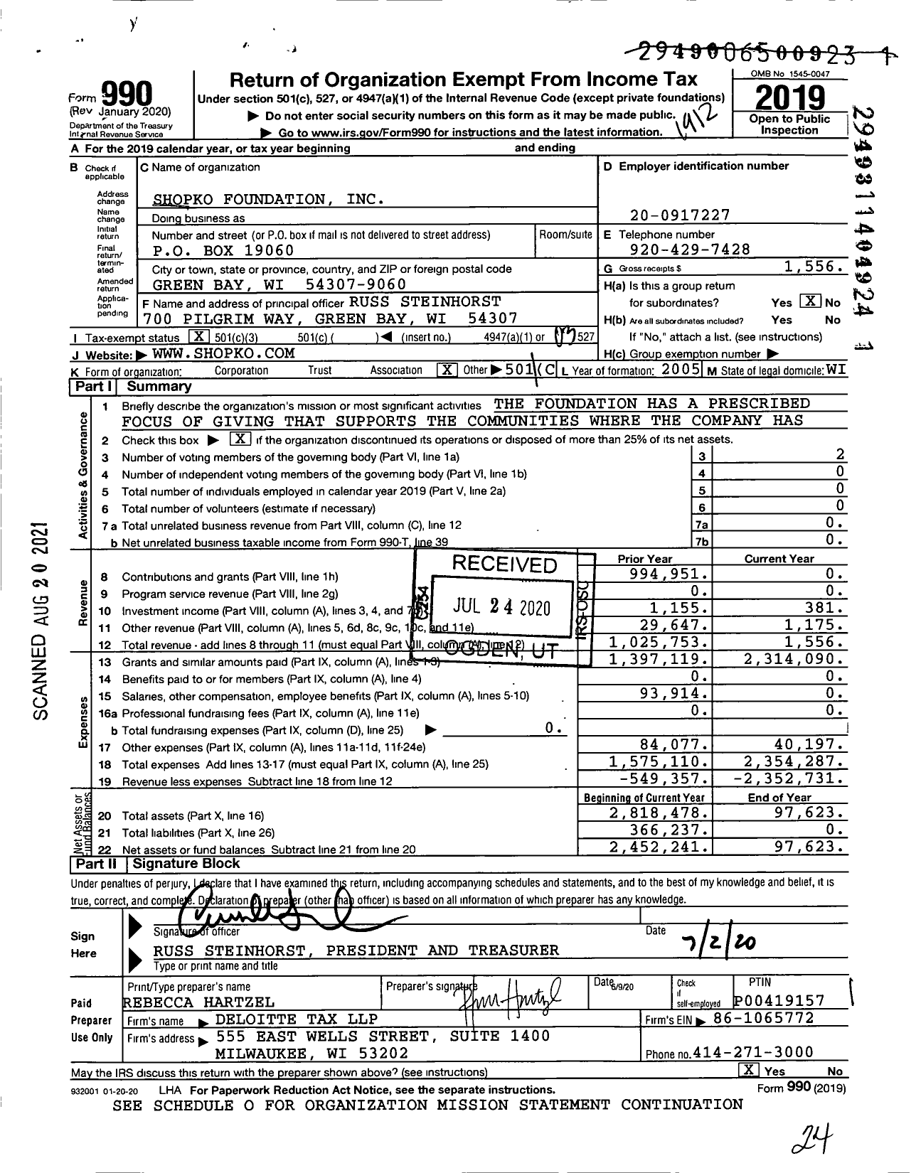 Image of first page of 2019 Form 990 for Shopko Foundation