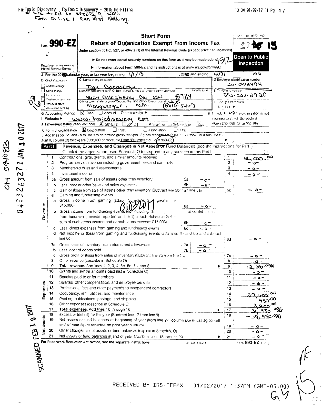 Image of first page of 2015 Form 990EZ for Toxic Discovery