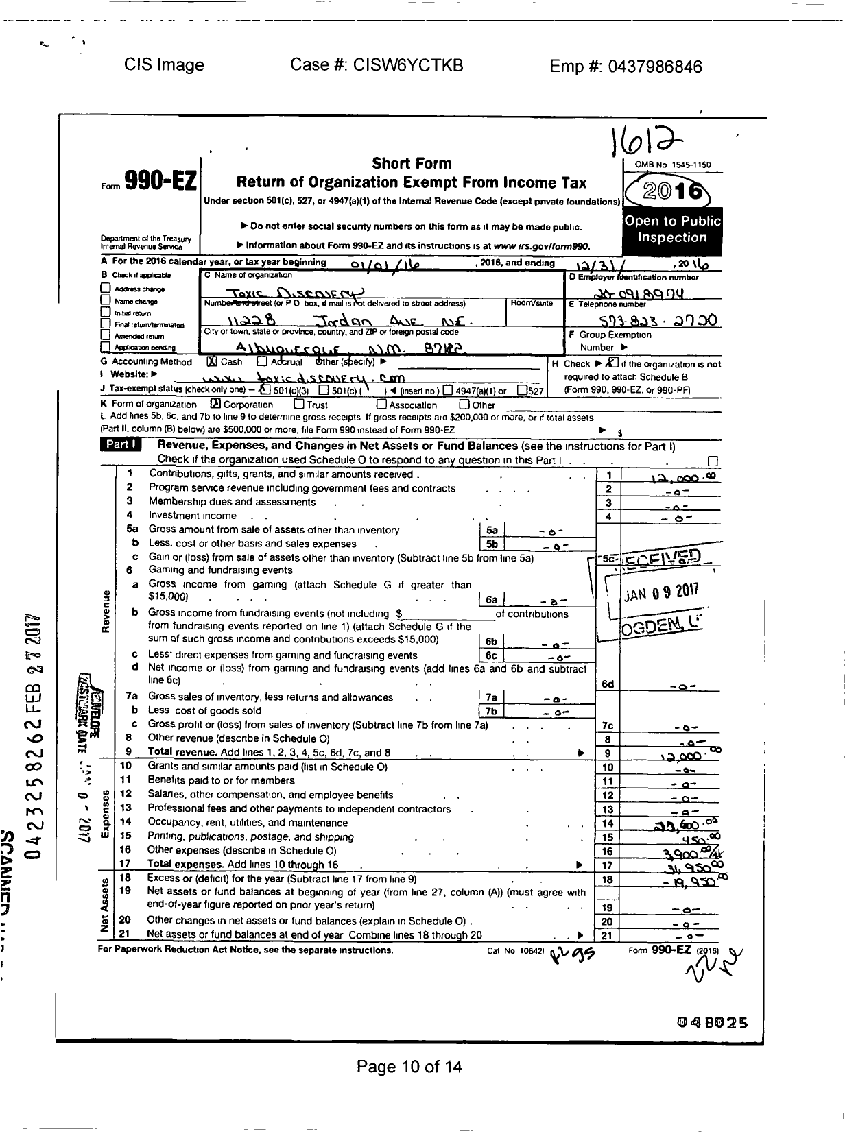 Image of first page of 2016 Form 990EZ for Toxic Discovery