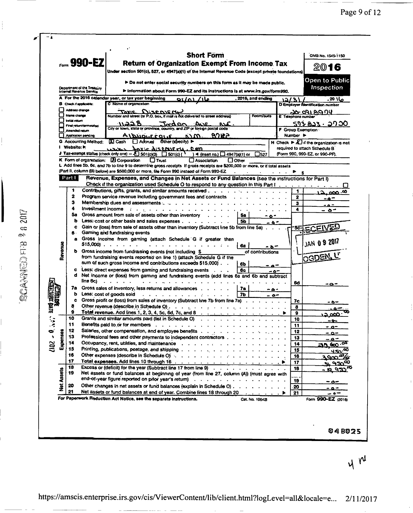 Image of first page of 2016 Form 990EZ for Toxic Discovery