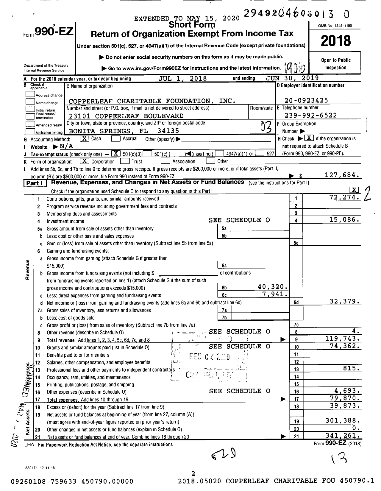 Image of first page of 2018 Form 990EZ for Copperleaf Charitable Foundation