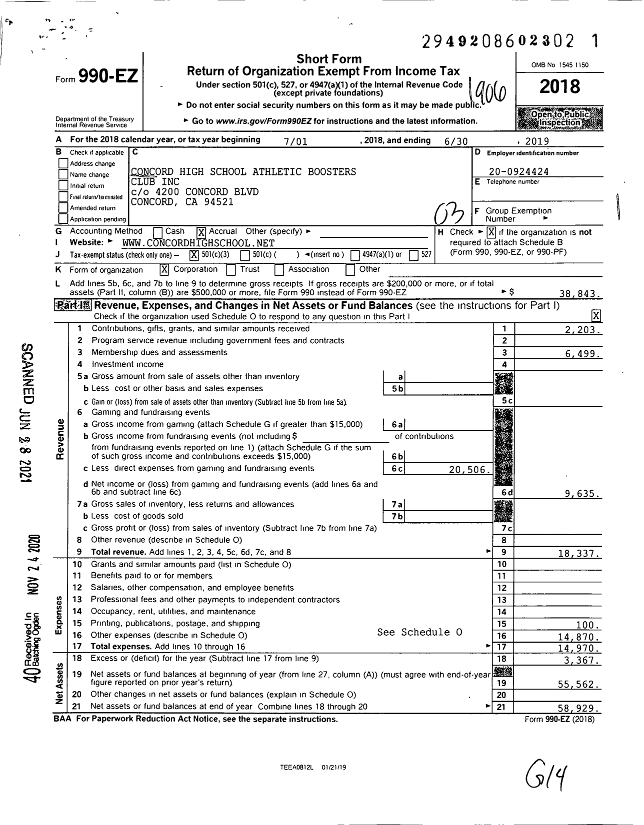 Image of first page of 2018 Form 990EZ for Concord High School Athletic Boosters Club