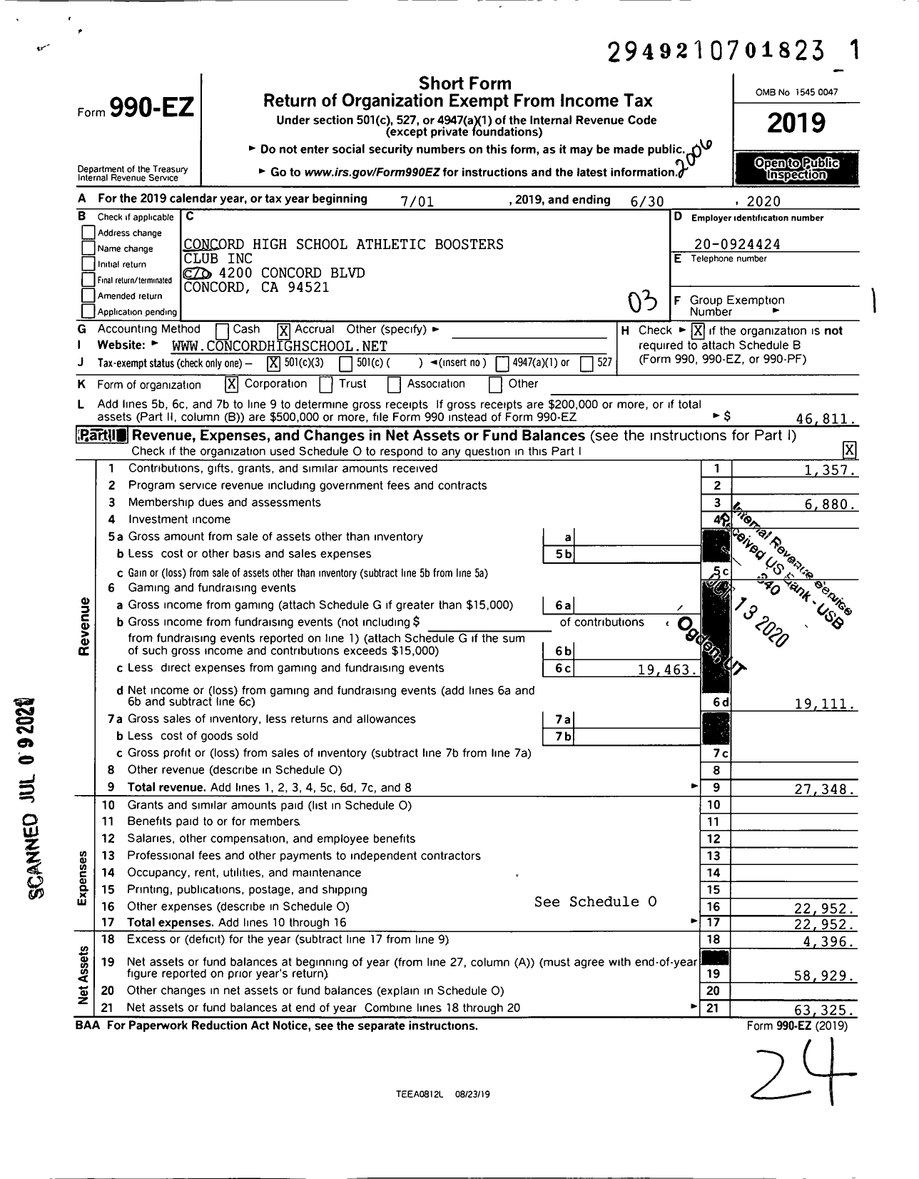 Image of first page of 2019 Form 990EZ for Concord High School Athletic Boosters Club