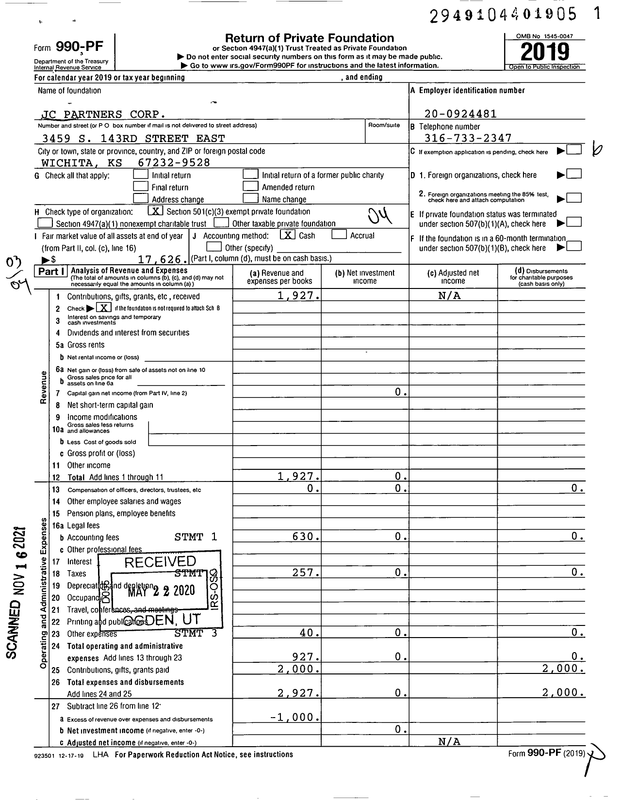 Image of first page of 2019 Form 990PF for JC Partners Corporation