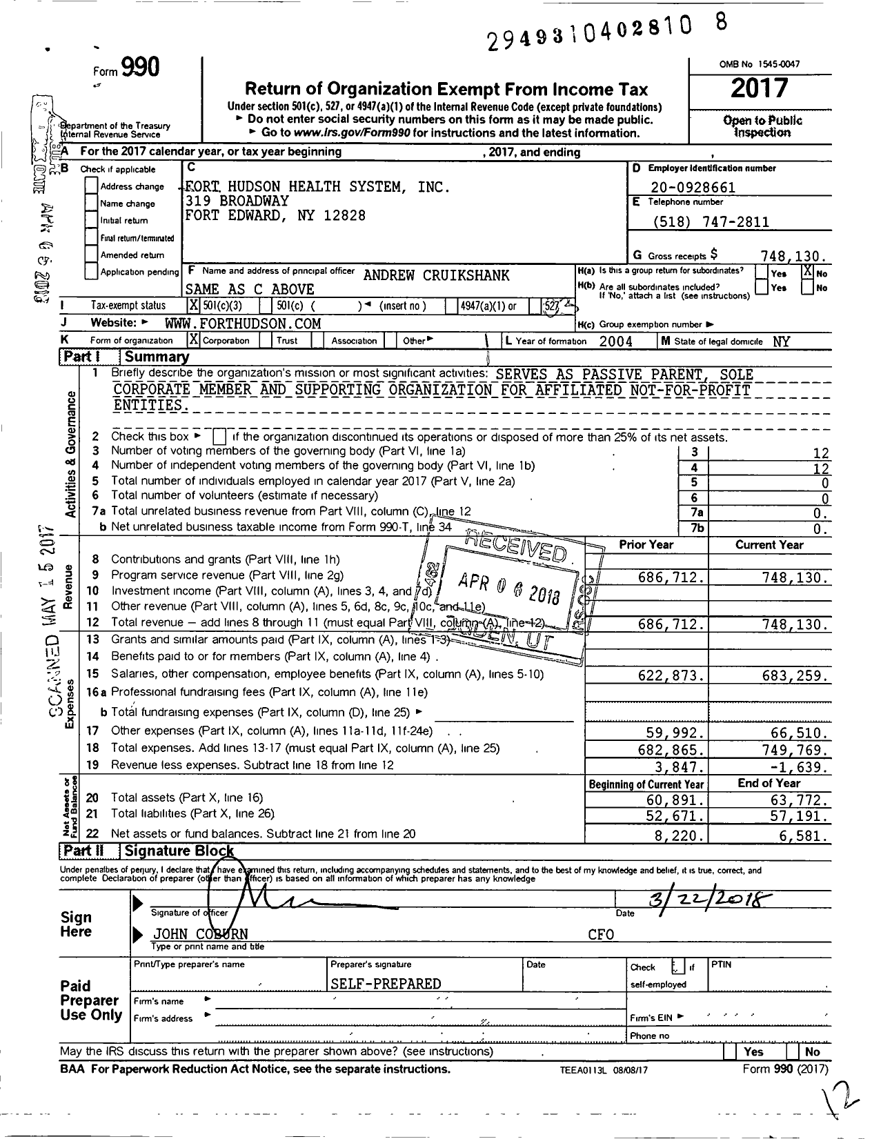 Image of first page of 2017 Form 990 for Fort Hudson Health System