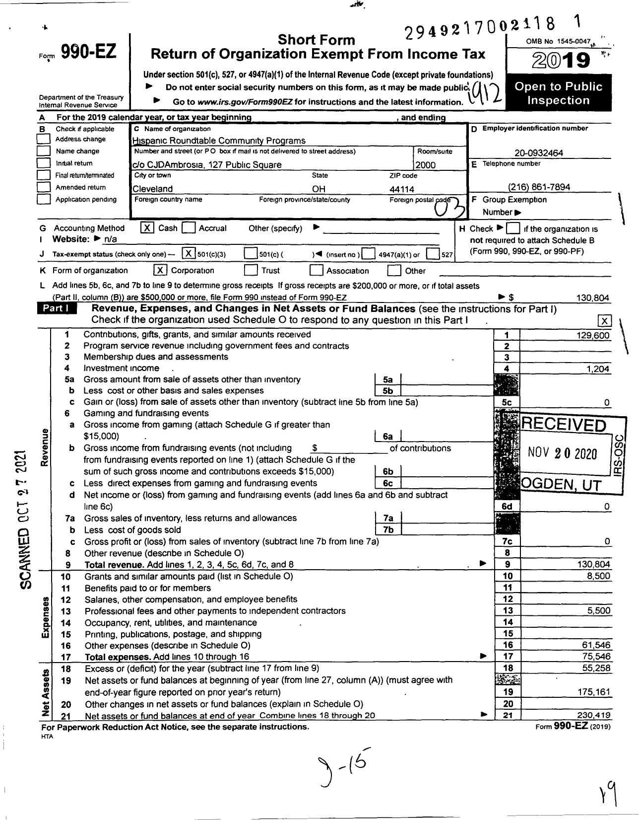 Image of first page of 2019 Form 990EZ for Hispanic Roundtable Community Programs