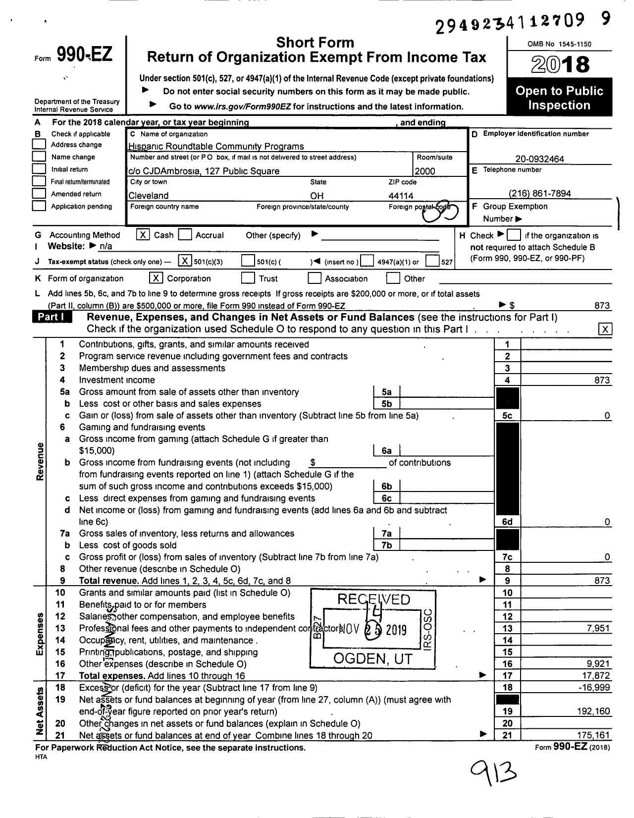 Image of first page of 2018 Form 990EZ for Hispanic Roundtable Community Programs