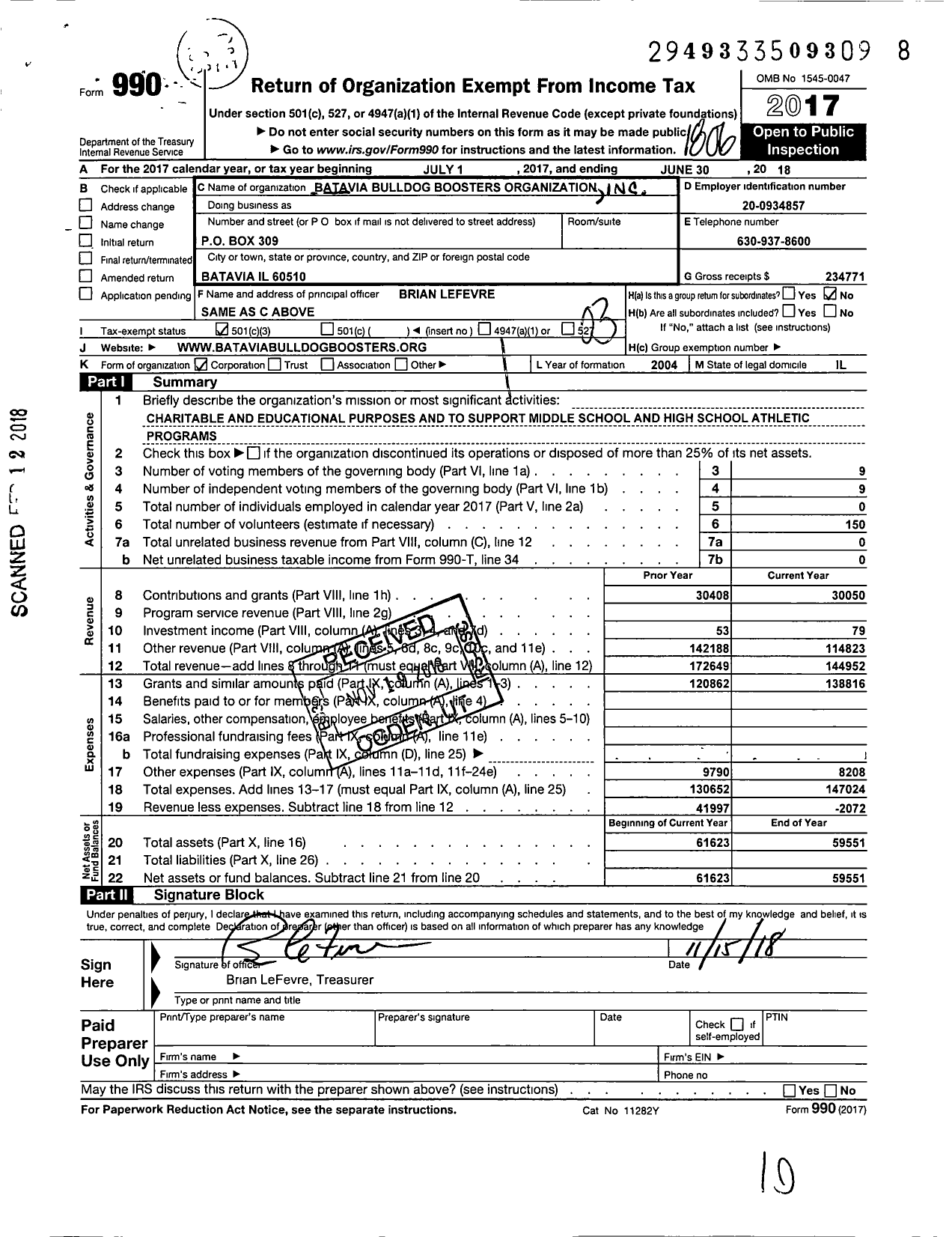 Image of first page of 2017 Form 990 for Batavia Bulldog Boosters Organization