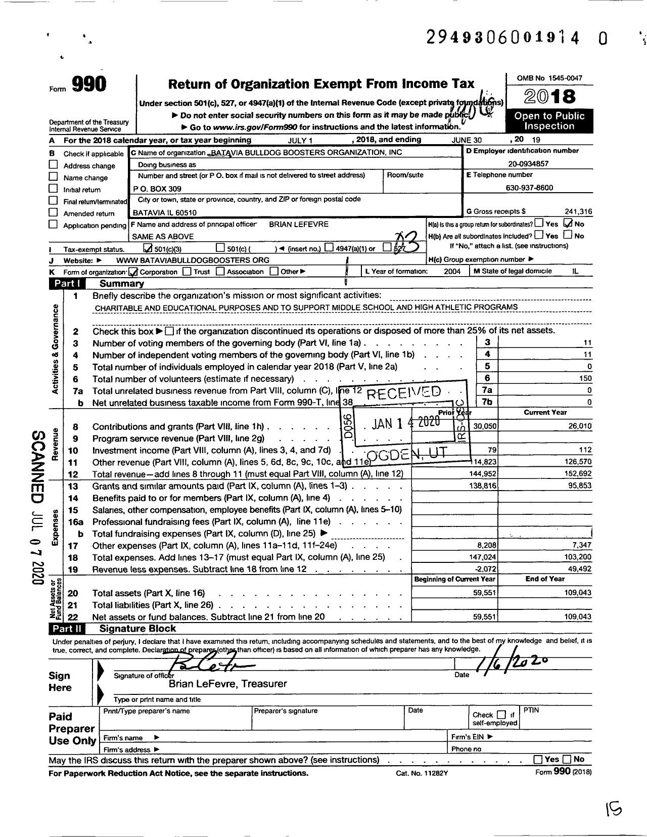 Image of first page of 2018 Form 990 for Batavia Bulldog Boosters Organization