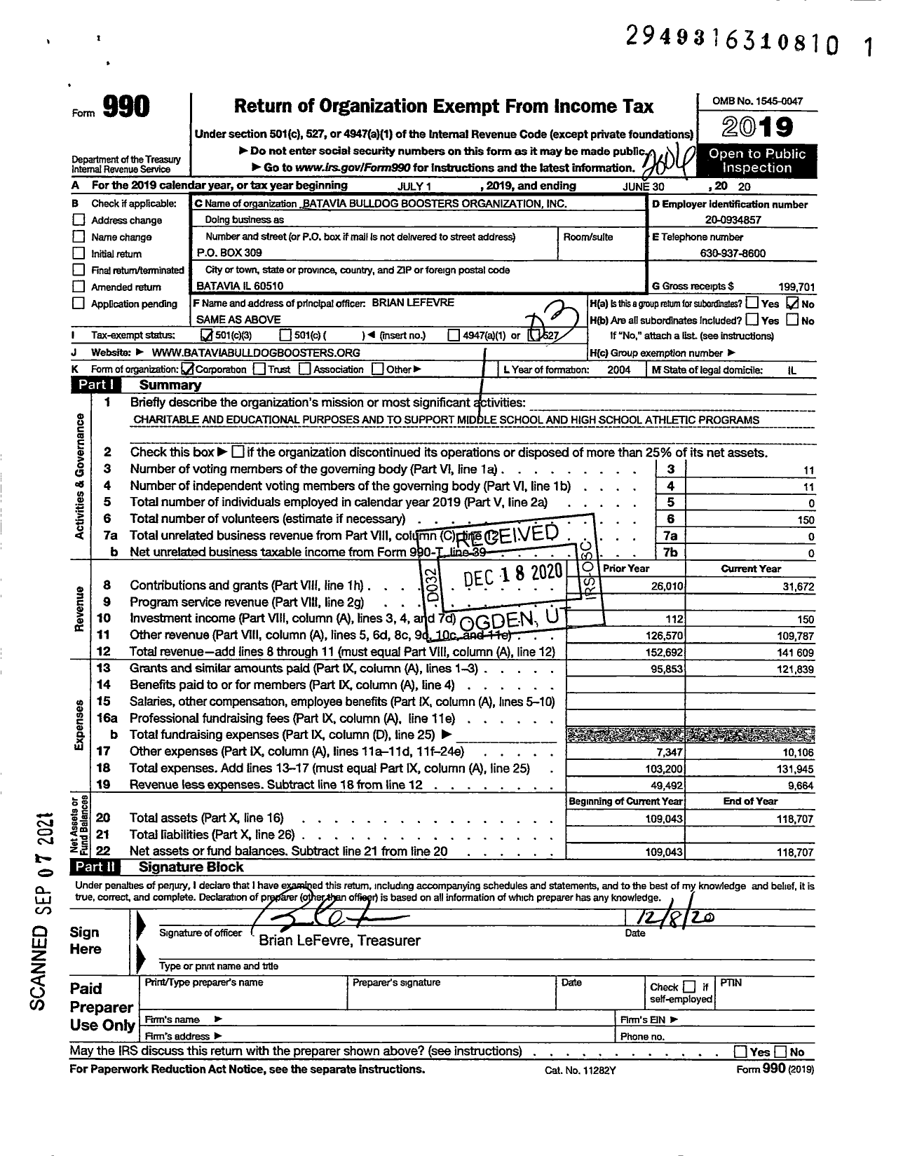 Image of first page of 2019 Form 990 for Batavia Bulldog Boosters Organization