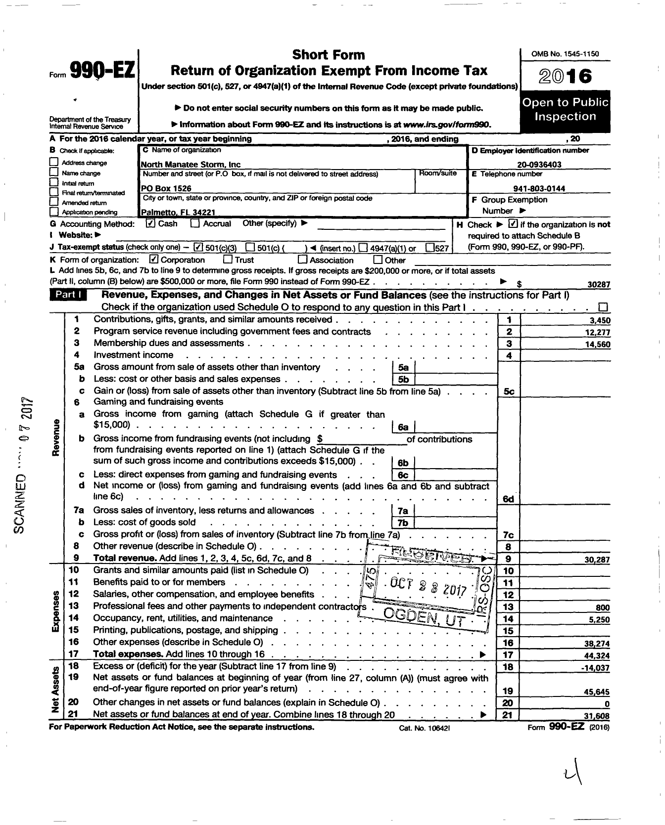 Image of first page of 2016 Form 990EZ for North Manatee Storm