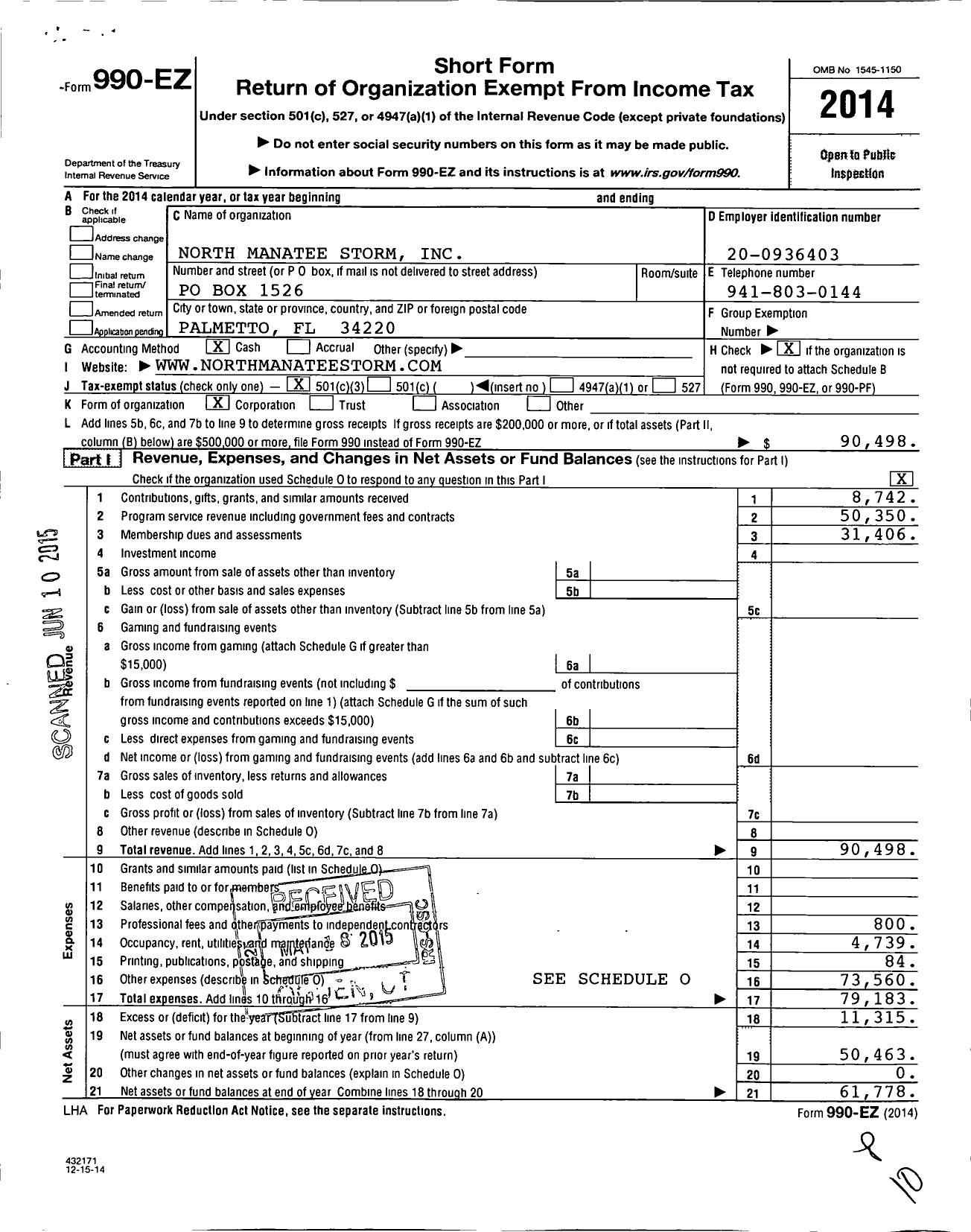 Image of first page of 2014 Form 990EZ for North Manatee Storm