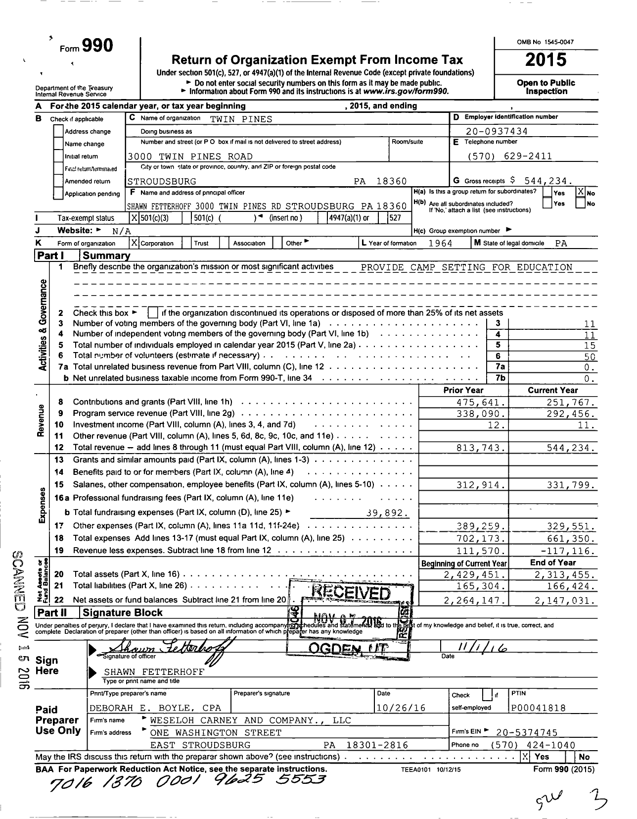Image of first page of 2015 Form 990 for Twin Pines