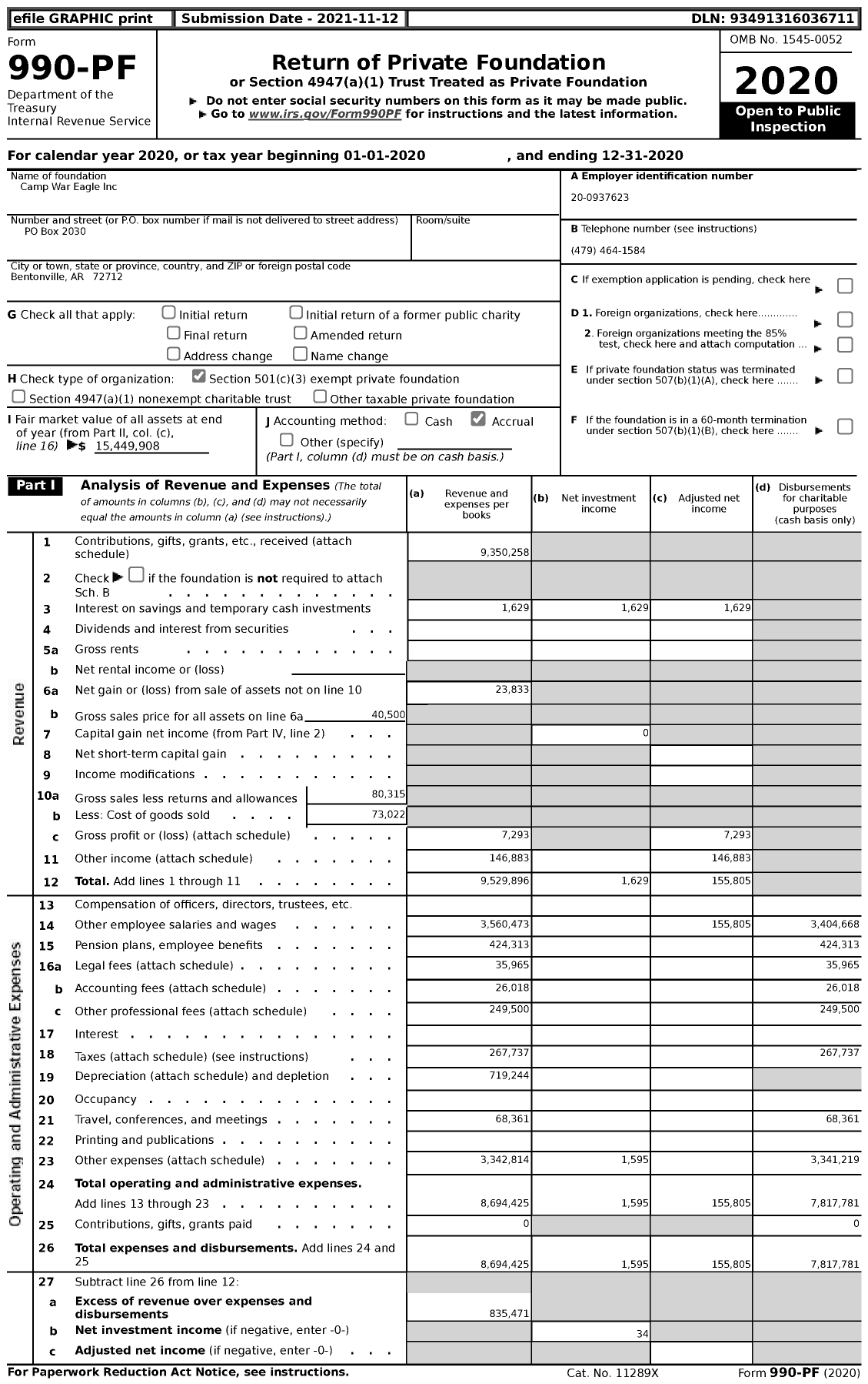 Image of first page of 2020 Form 990PF for Camp War Eagle