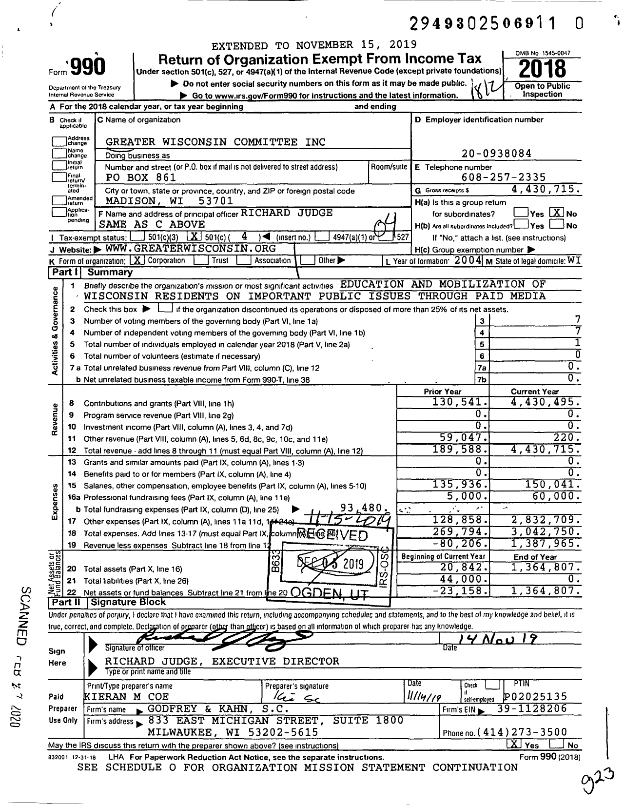 Image of first page of 2018 Form 990O for Greater Wisconsin Committee