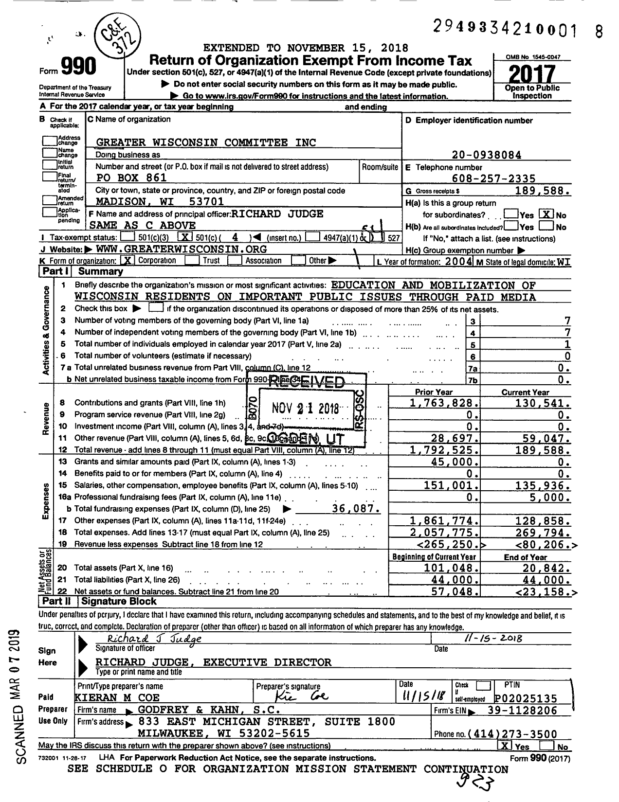 Image of first page of 2017 Form 990O for Greater Wisconsin Committee