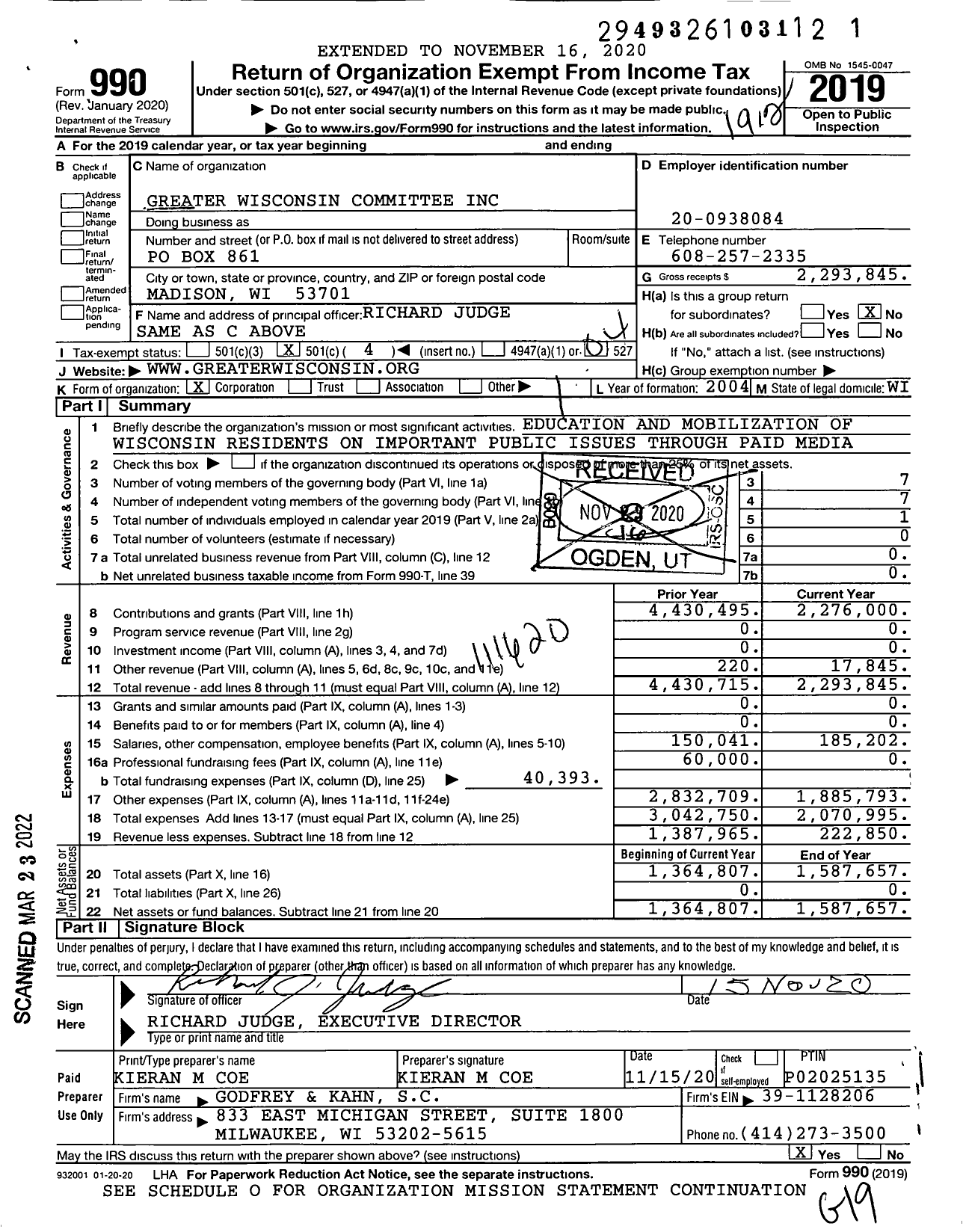 Image of first page of 2019 Form 990O for Greater Wisconsin Committee