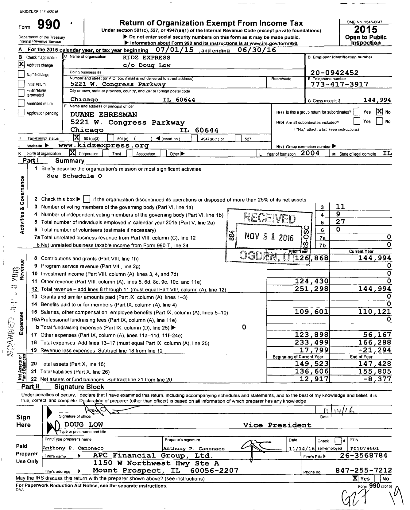 Image of first page of 2015 Form 990 for Kidz Express