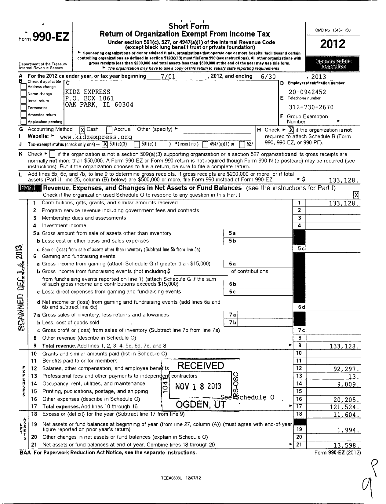 Image of first page of 2012 Form 990EZ for Kidz Express