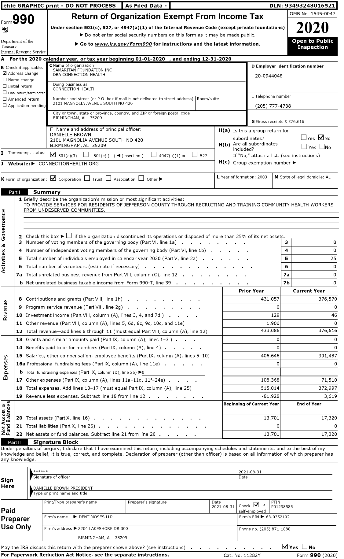 Image of first page of 2020 Form 990 for Samaritan Foundation / Connection Health