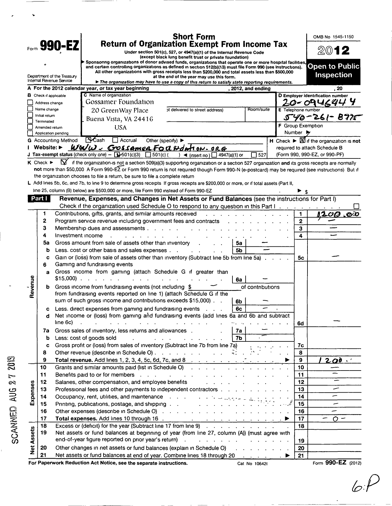 Image of first page of 2012 Form 990EZ for Gossamer Foundation