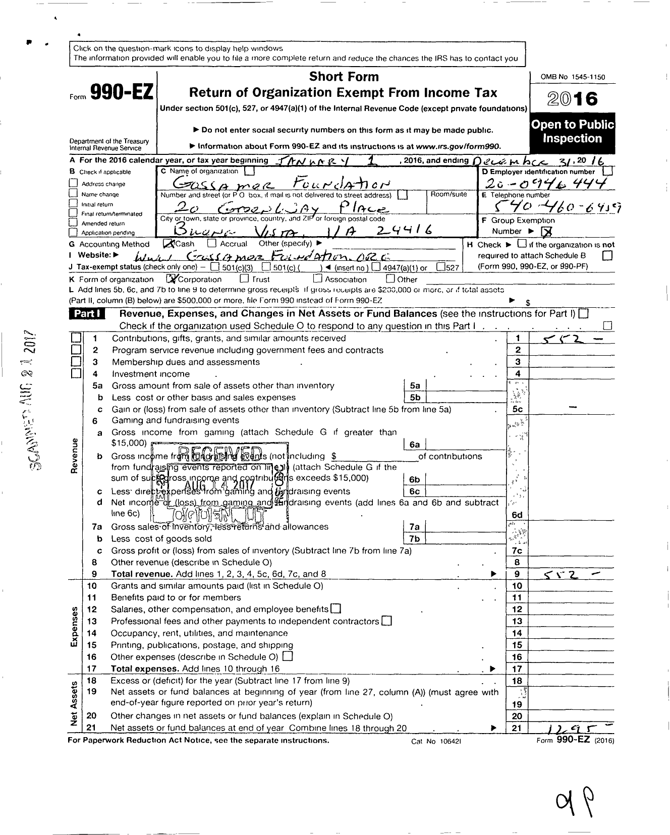 Image of first page of 2016 Form 990EO for Gossamer Foundation