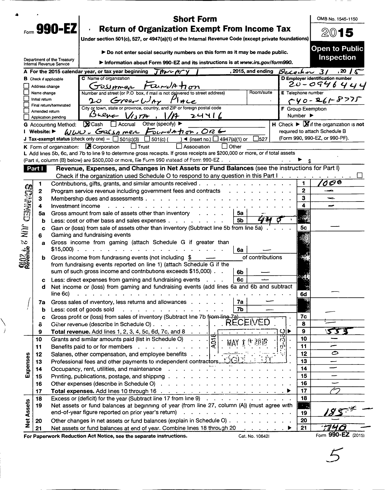 Image of first page of 2015 Form 990EZ for Gossamer Foundation