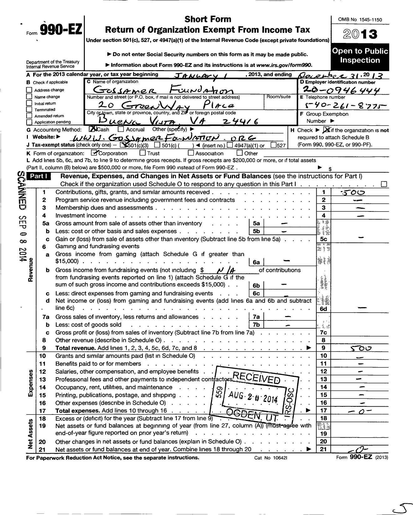 Image of first page of 2013 Form 990EZ for Gossamer Foundation