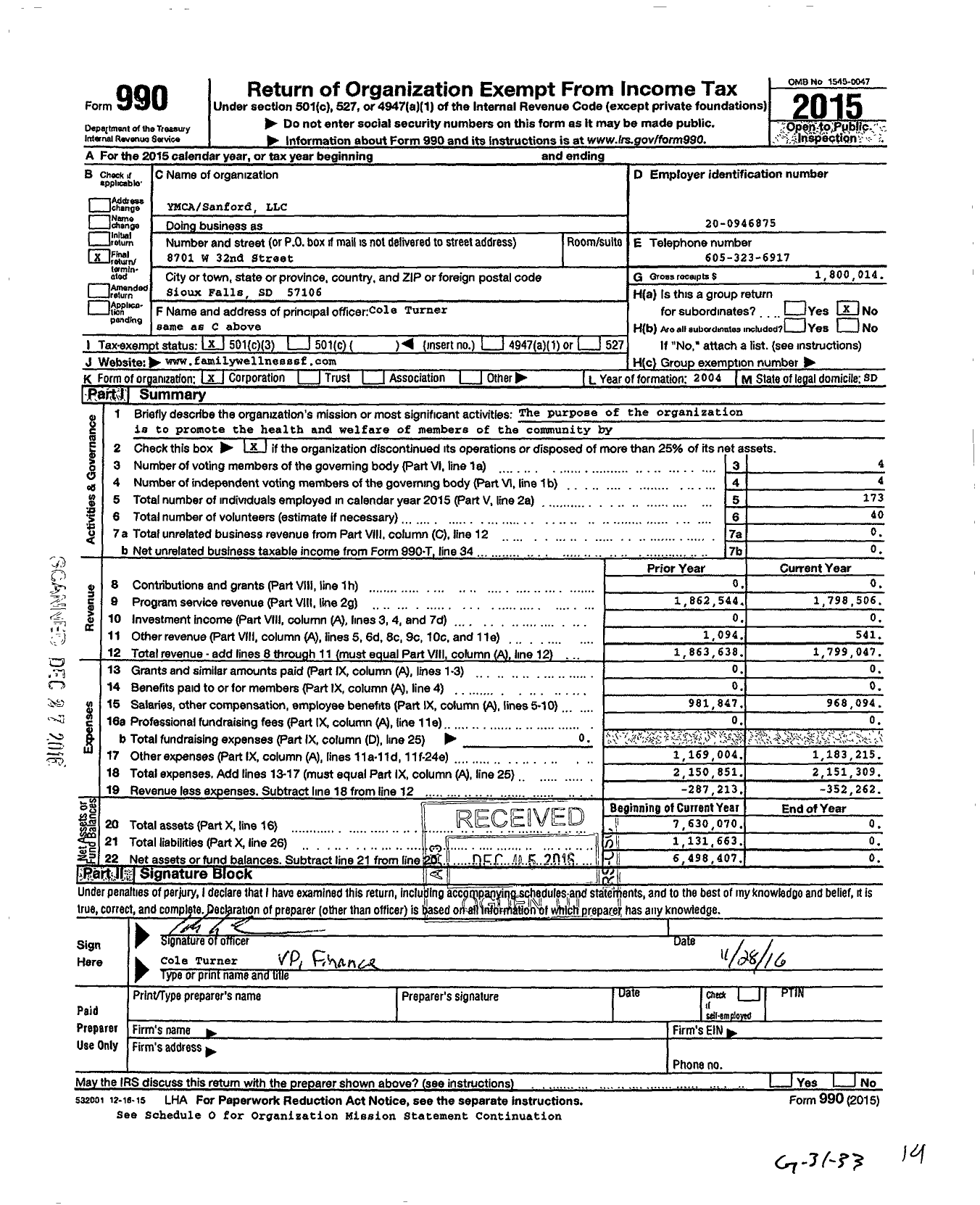 Image of first page of 2015 Form 990 for Family Wellness