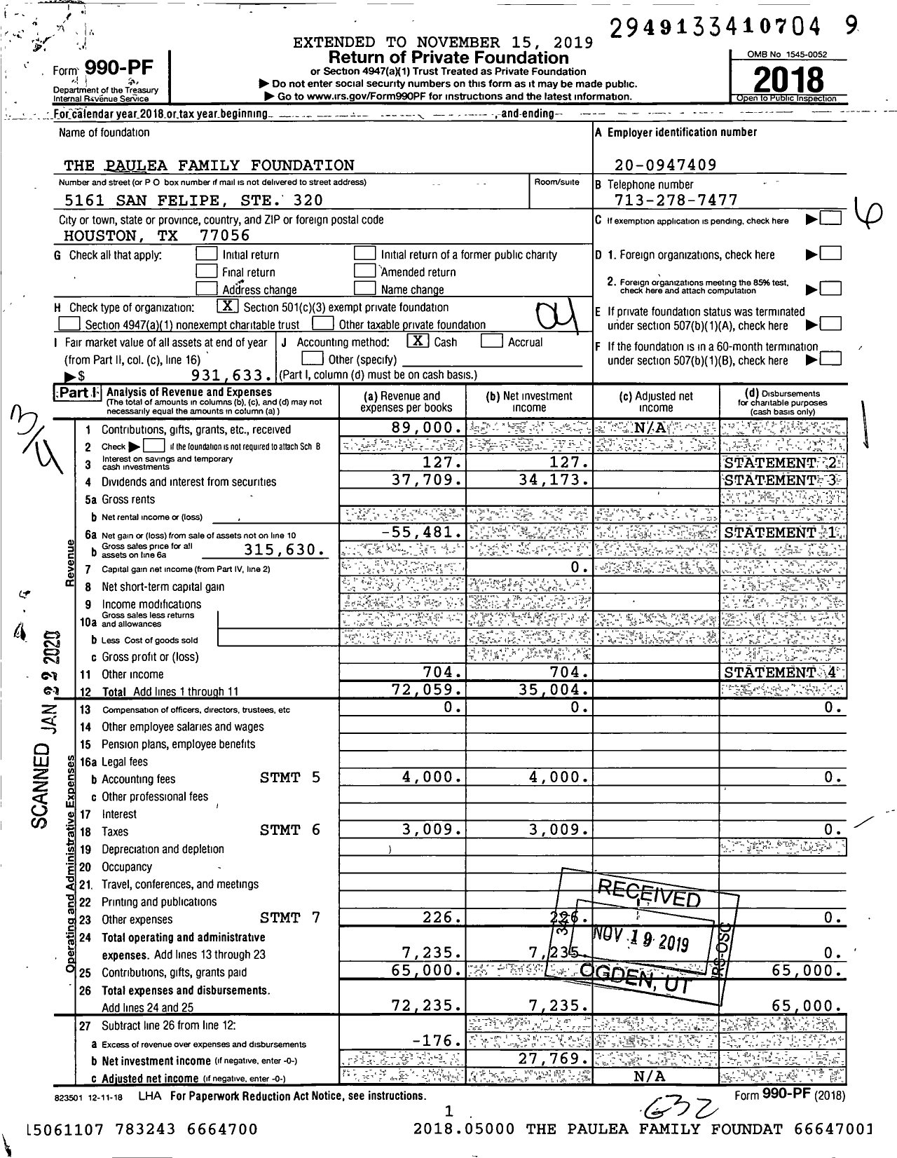 Image of first page of 2018 Form 990PF for The Paulea Family Foundation