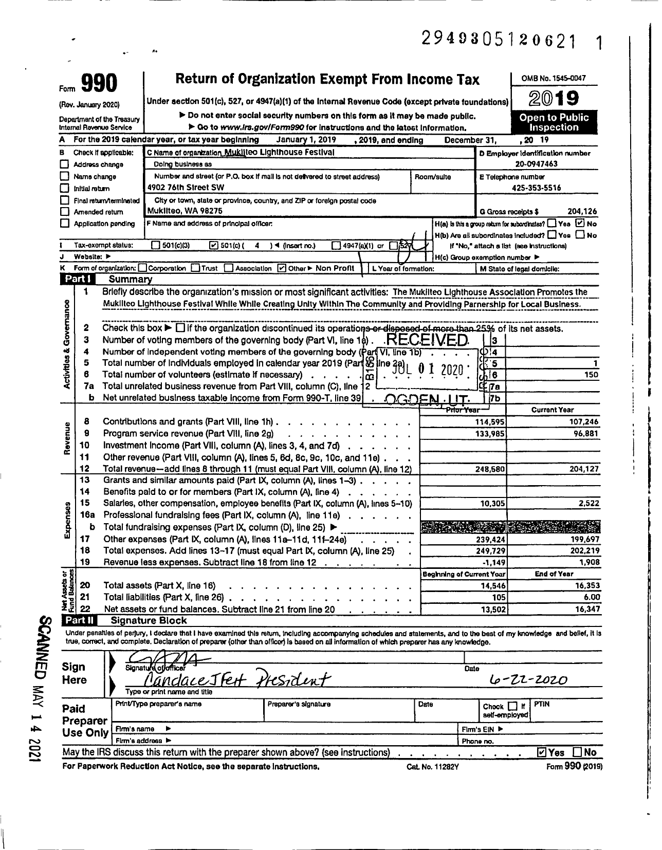 Image of first page of 2019 Form 990O for Mukilteo Lighthouse Festival Association