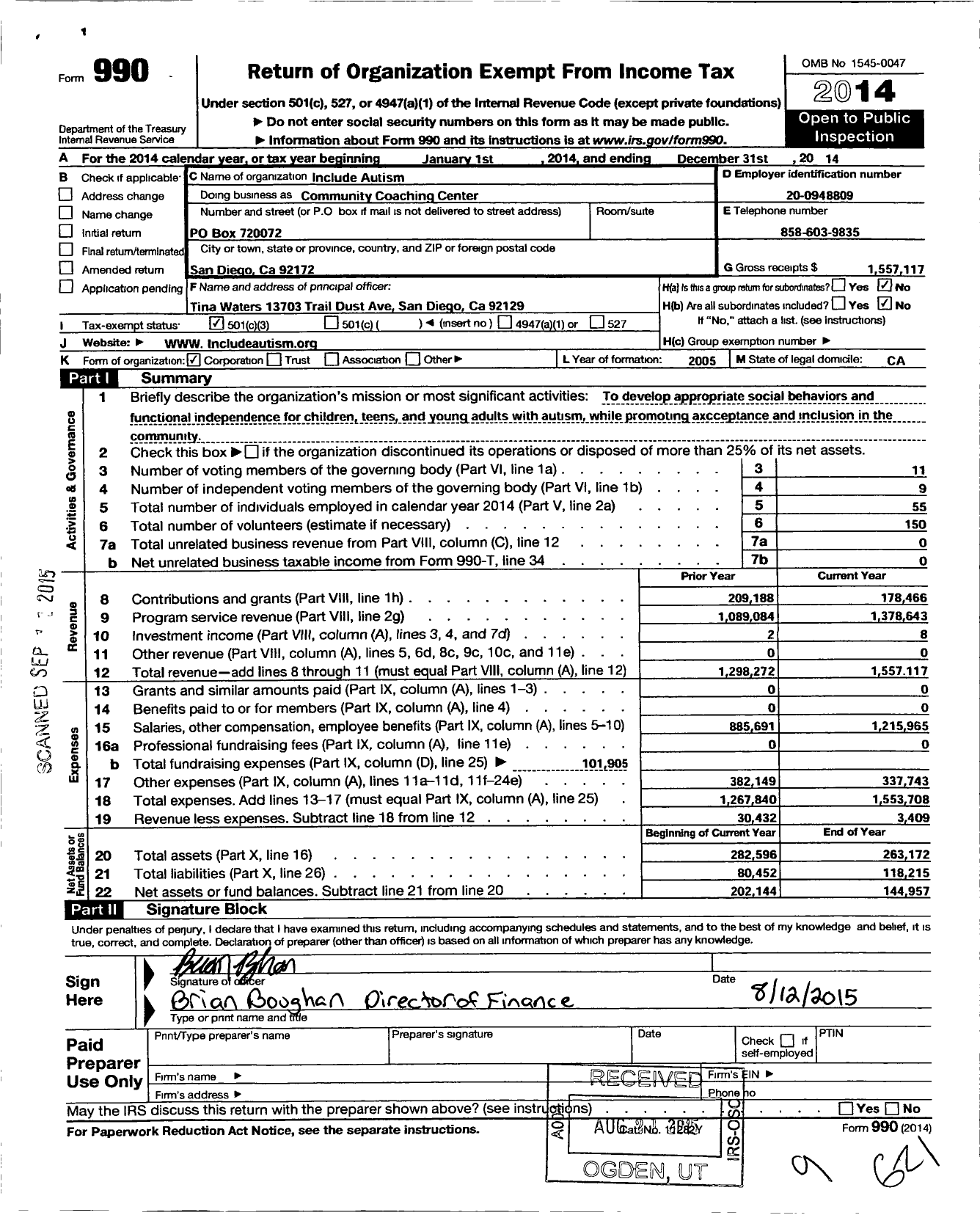 Image of first page of 2014 Form 990 for Include Autism / Community Coaching Center