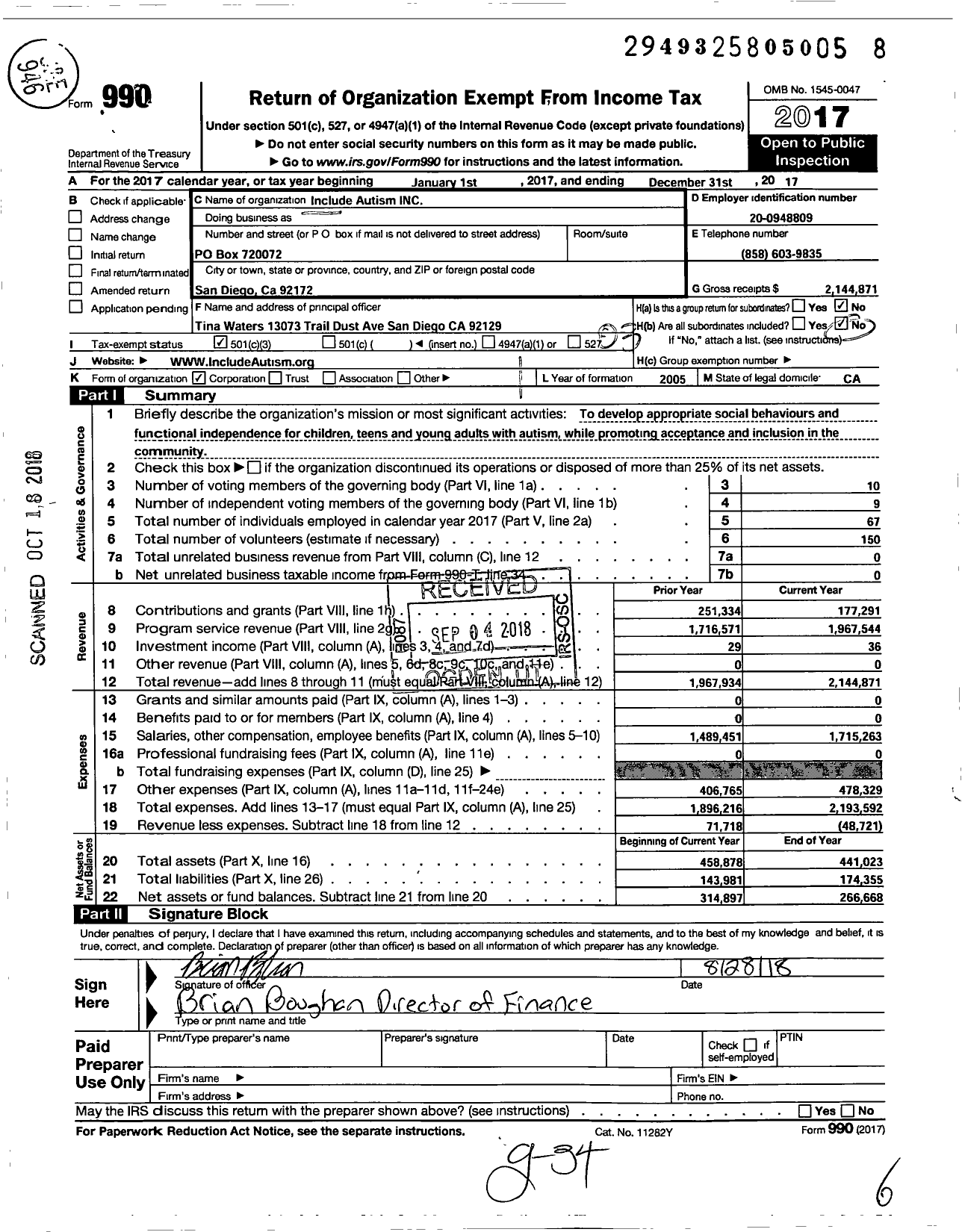 Image of first page of 2017 Form 990 for Include Autism / Community Coaching Center