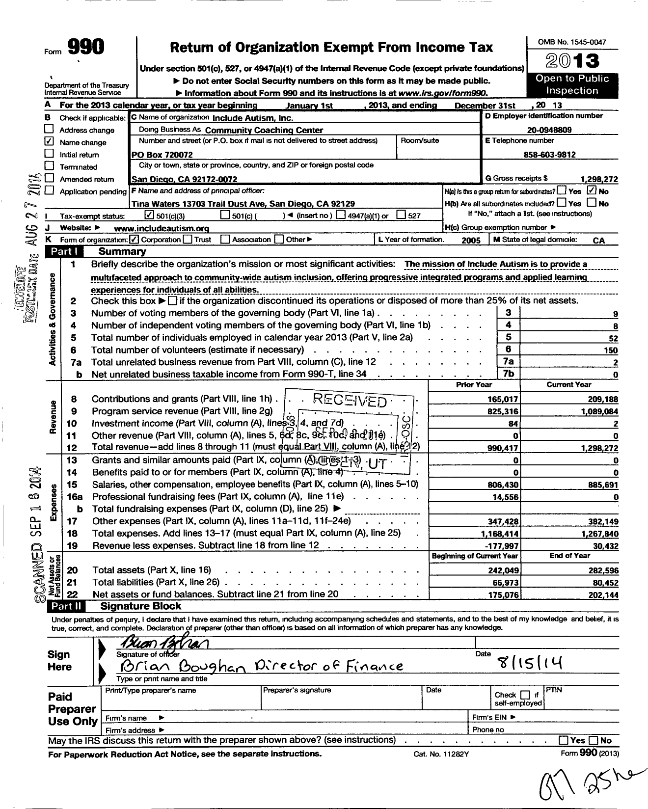 Image of first page of 2013 Form 990 for Include Autism / Community Coaching Center