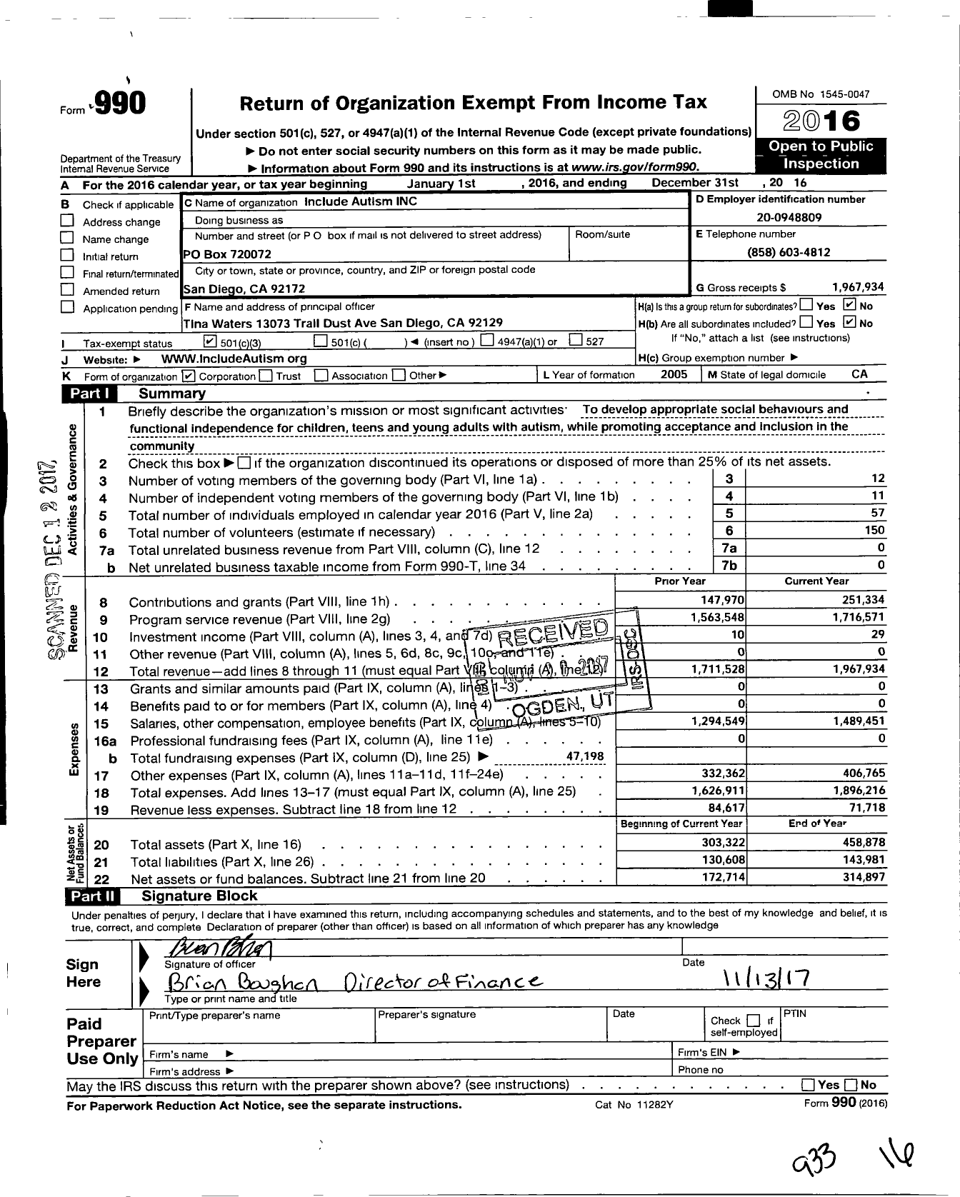 Image of first page of 2016 Form 990 for Include Autism / Community Coaching Center