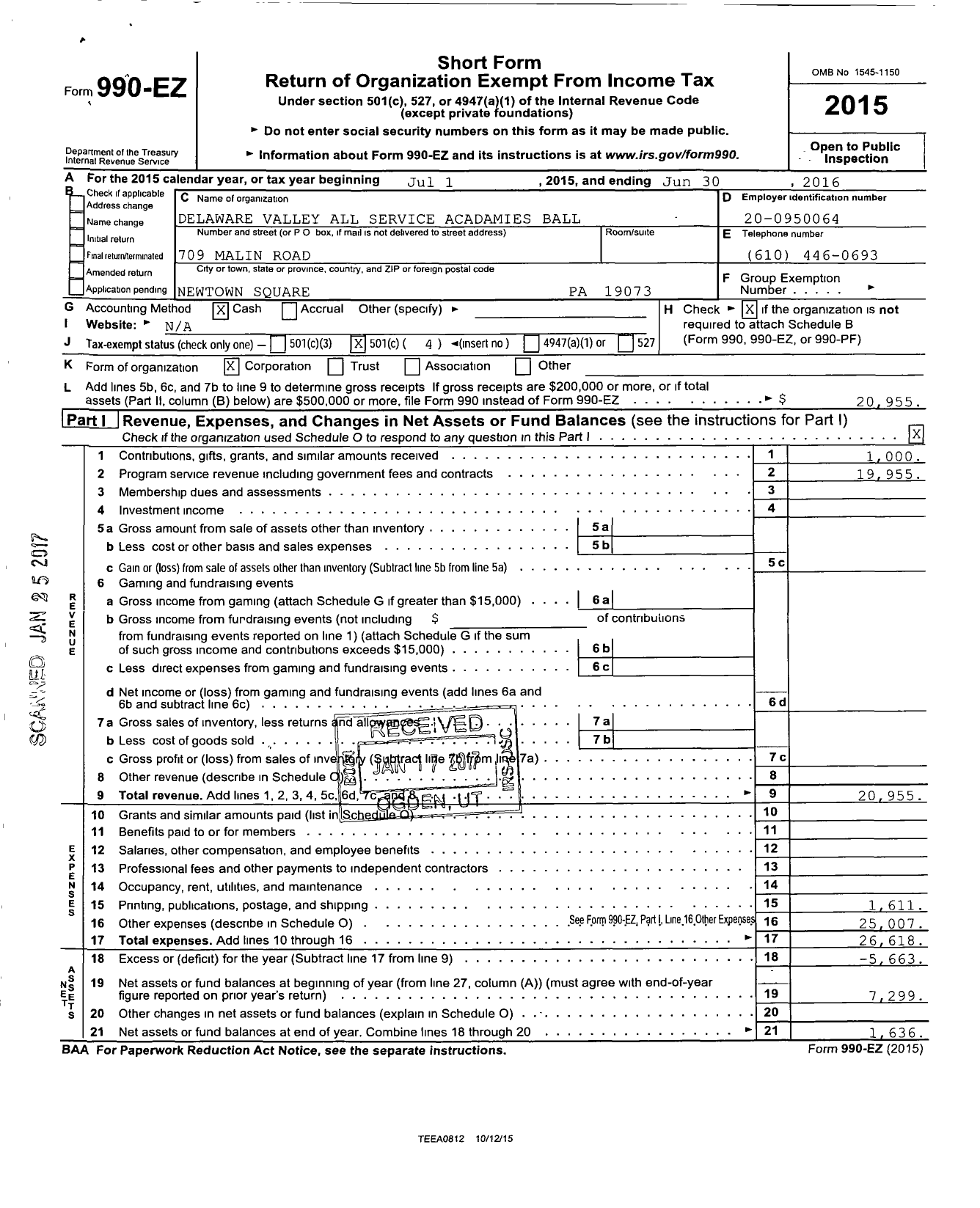 Image of first page of 2015 Form 990EO for Delaware Valley All Service Academies Ball