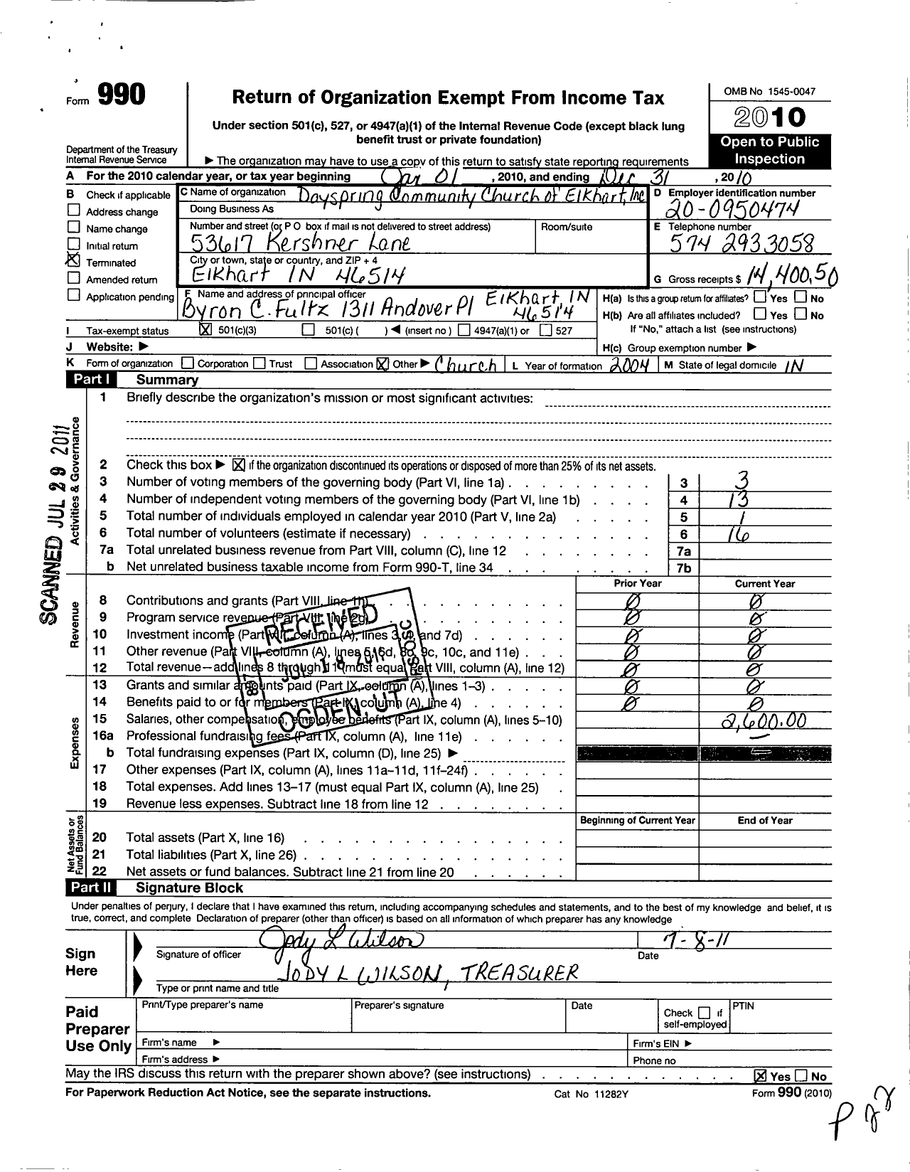 Image of first page of 2010 Form 990 for Dayspring Community Church of Elkhart