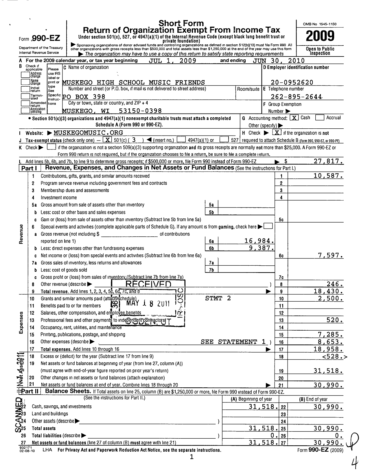 Image of first page of 2009 Form 990EZ for Friends of MHS Music Makers