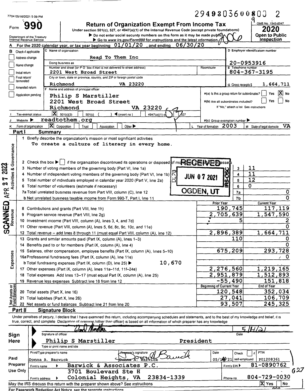 Image of first page of 2019 Form 990 for Read To Them