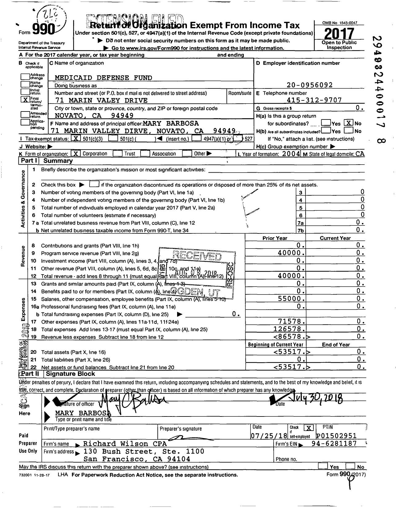 Image of first page of 2017 Form 990 for Medicaid Defense Fund