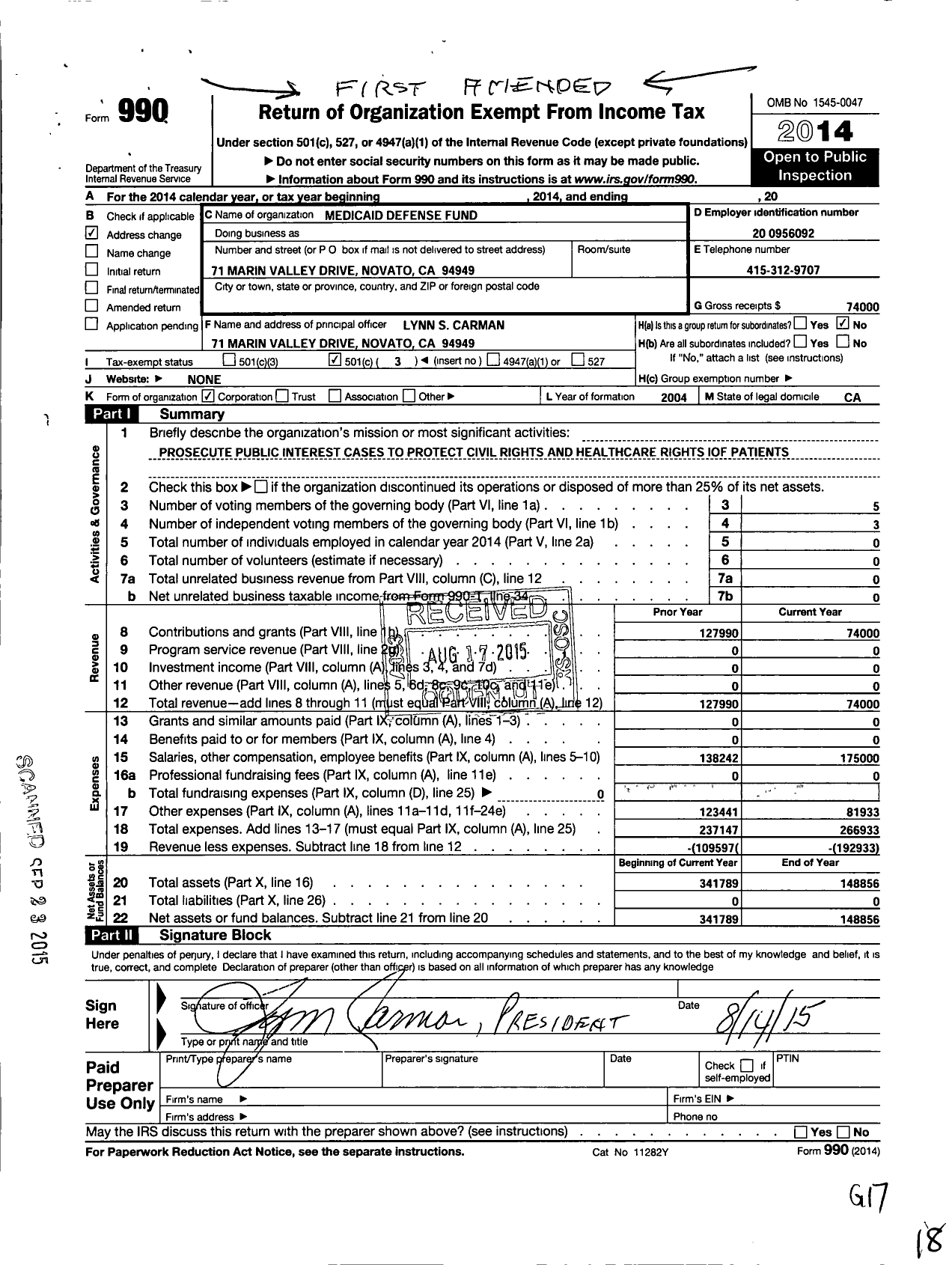 Image of first page of 2014 Form 990 for Medicaid Defense Fund