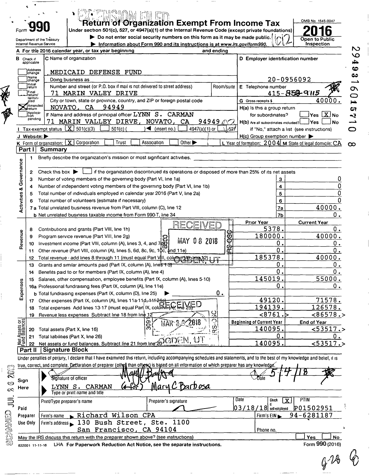 Image of first page of 2016 Form 990 for Medicaid Defense Fund