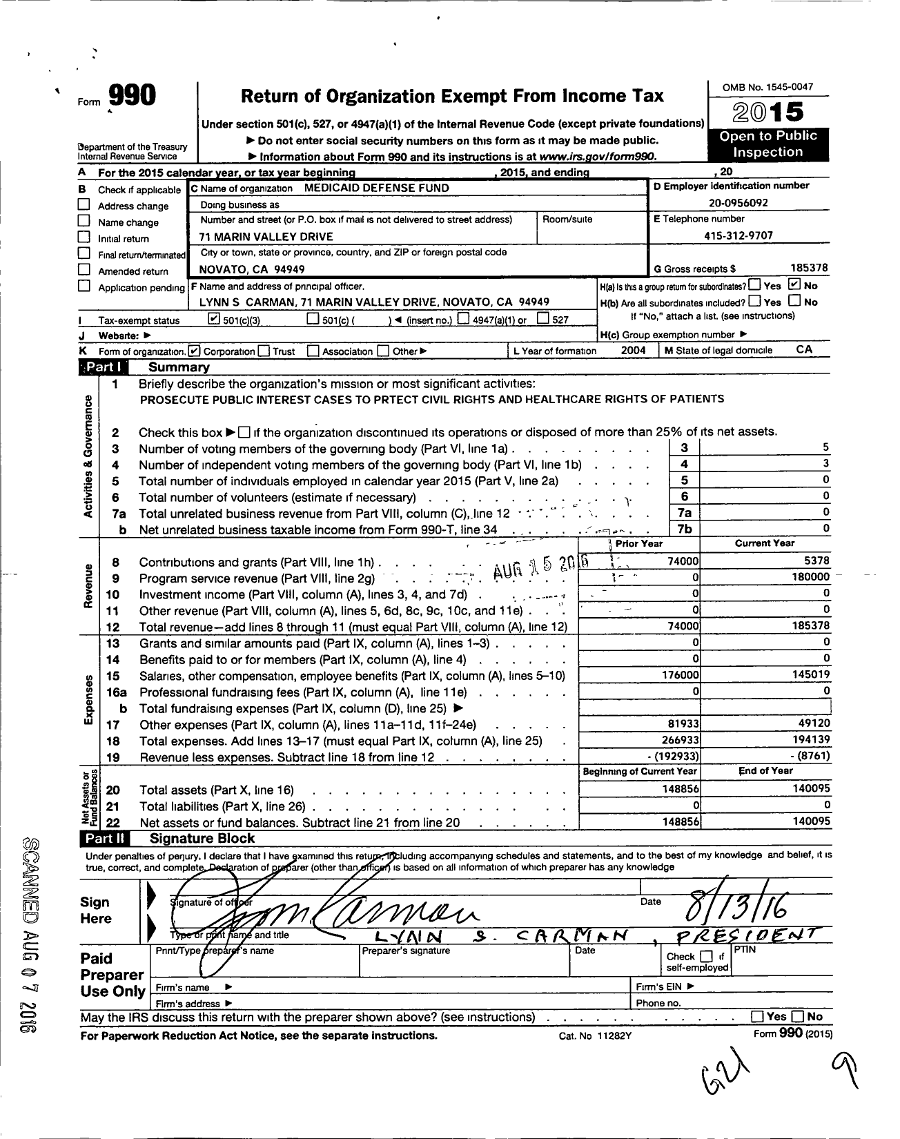 Image of first page of 2015 Form 990 for Medicaid Defense Fund