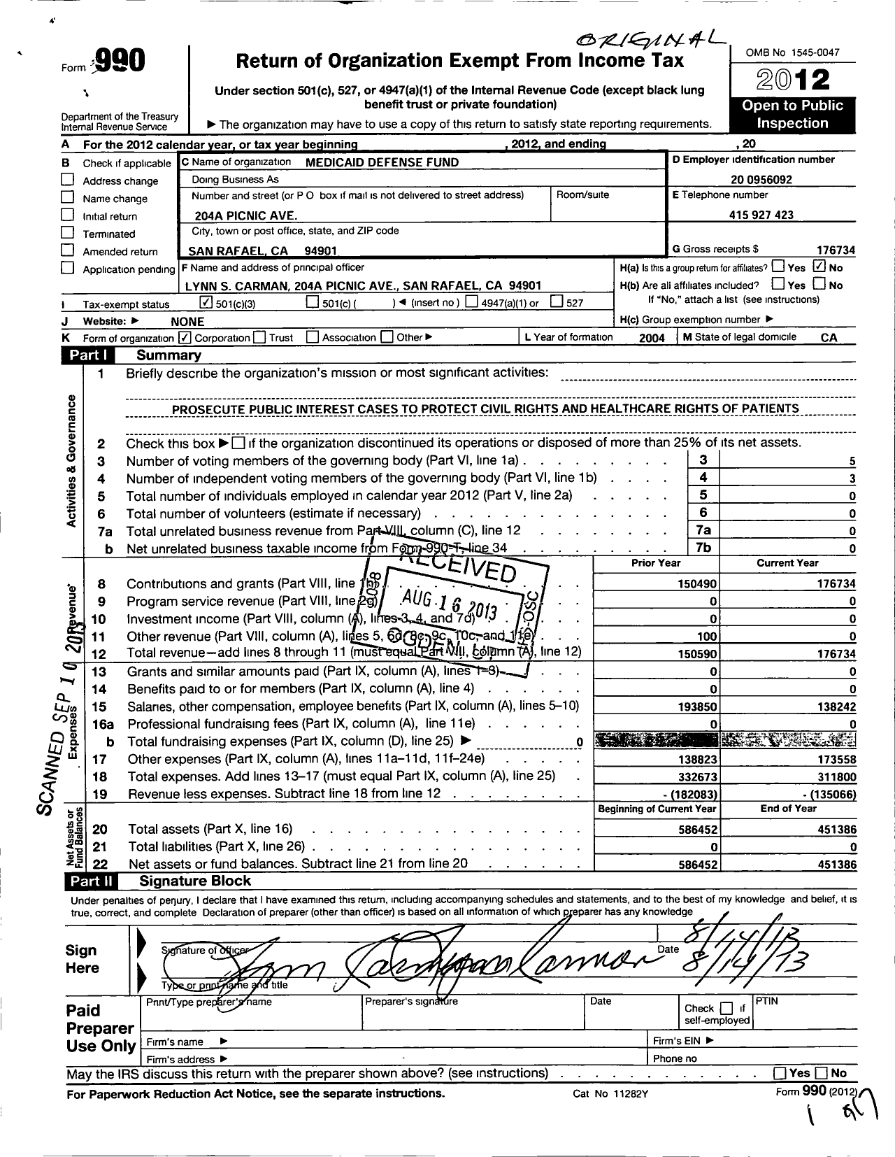 Image of first page of 2012 Form 990 for Medicaid Defense Fund