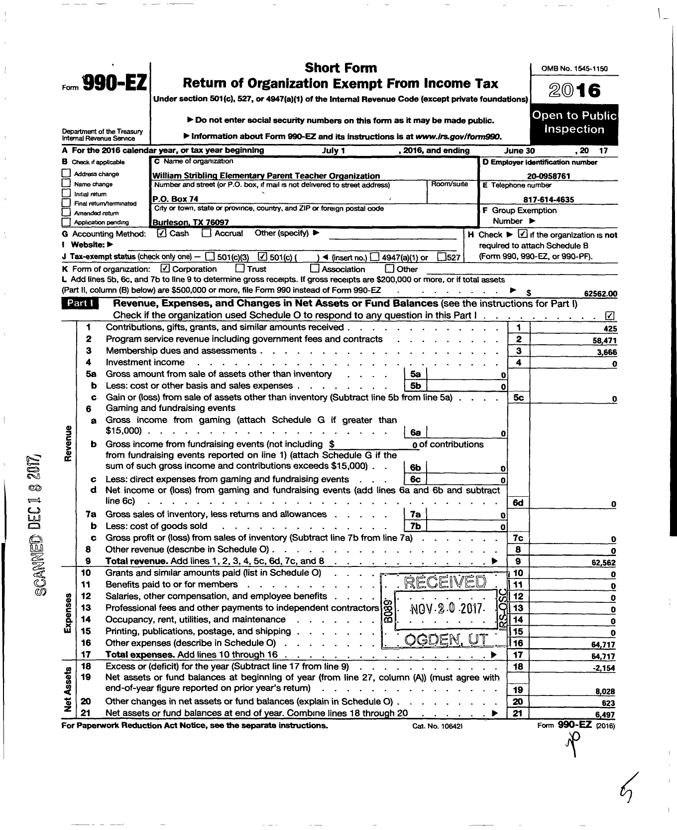 Image of first page of 2016 Form 990EO for William Stribling Elementary Parent Teacher Organization