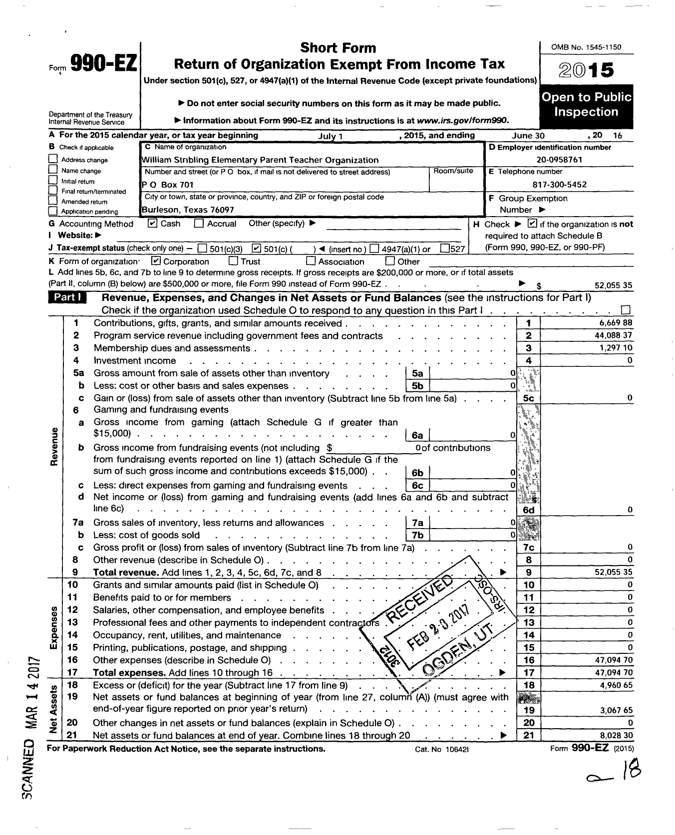 Image of first page of 2015 Form 990EO for William Stribling Elementary Parent Teacher Organization