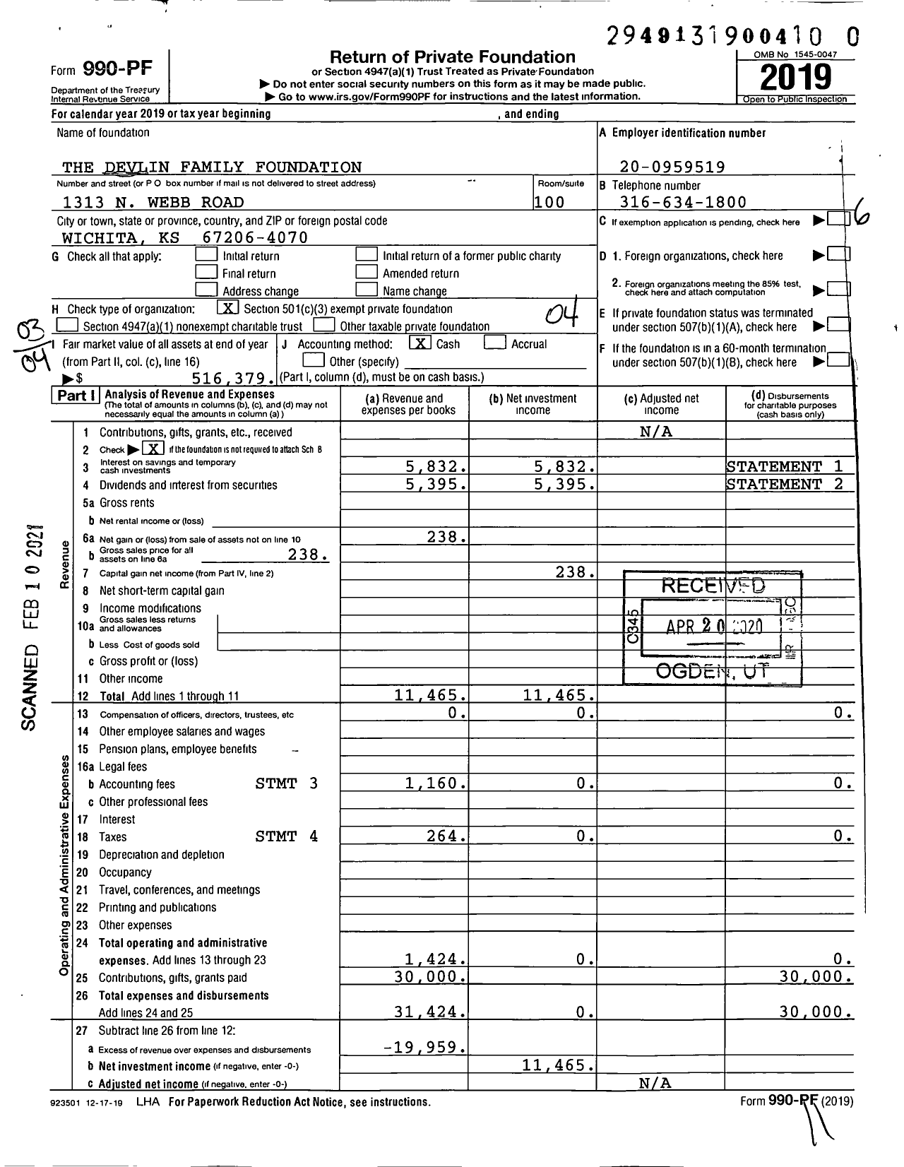 Image of first page of 2019 Form 990PF for The Devlin Family Foundation