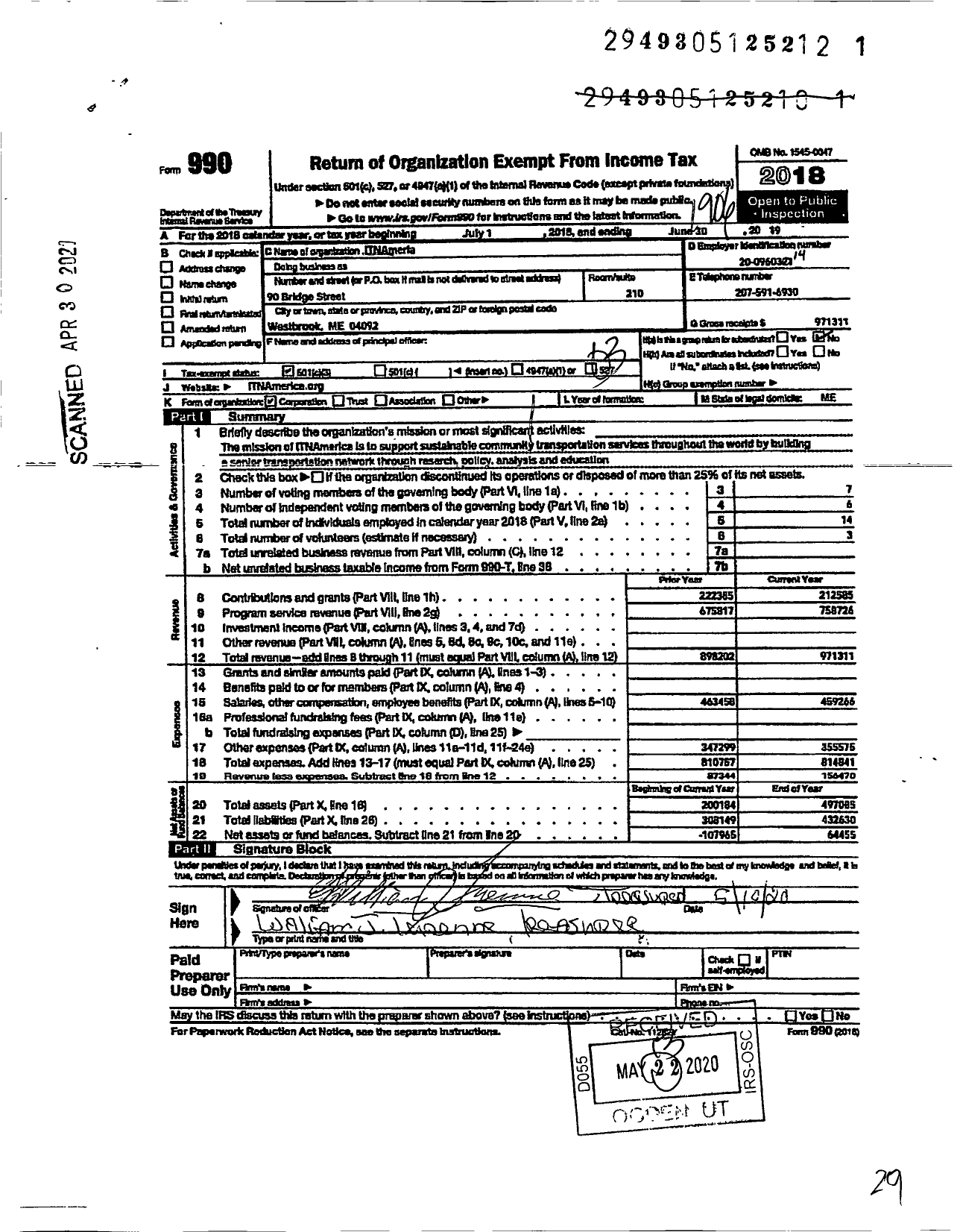 Image of first page of 2018 Form 990 for ITNAmerica