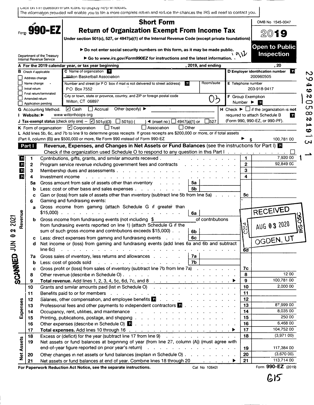 Image of first page of 2019 Form 990EZ for Wilton Basketball Association