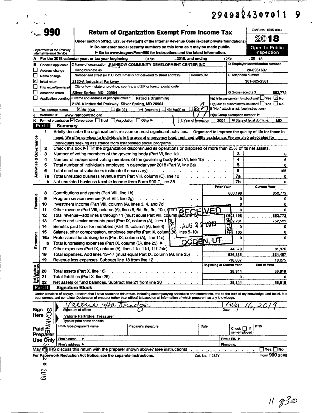 Image of first page of 2018 Form 990 for Rainbow Community Development Center